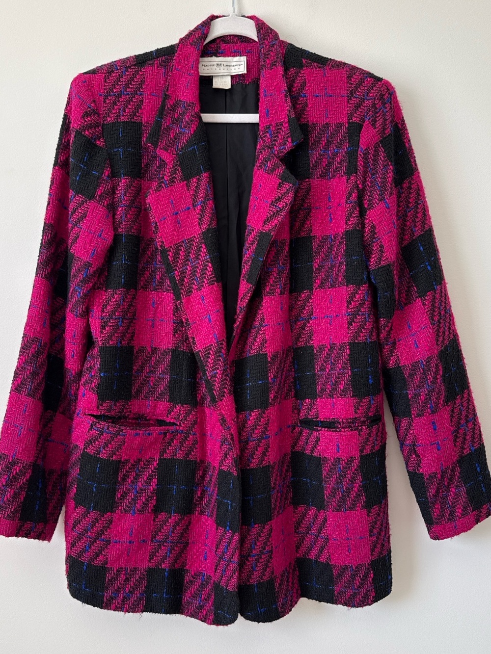 Vintage 90s Maggie Lawrence hot pink plaid tweed oversized blazer jacket M